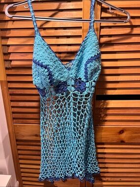 Crochet Blue Open-Knit Camisole Dress